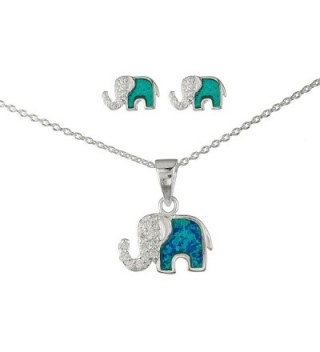 925 Sterling Silver Opal Elephant Pendant Necklace with Cz Stones and Matching Stud Earrings Jewelry Set - CY11UFEPZGR