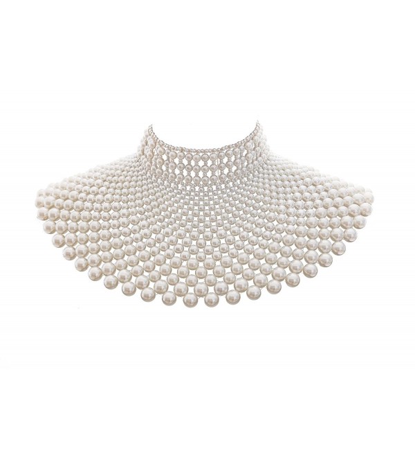 Fine Fashion Handmade Beaded Bib Egyptian Pearl Necklace Collar Women Dress Statement Choker Accessories - Cream - CM183D3ZCK0