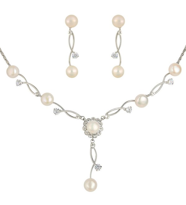 EleQueen Women's Cubic Zirconia Simulated Pearl Bridal Necklace Earrings Jewelry Set Ivory Color - Silver-tone - CU11VUEPH7D