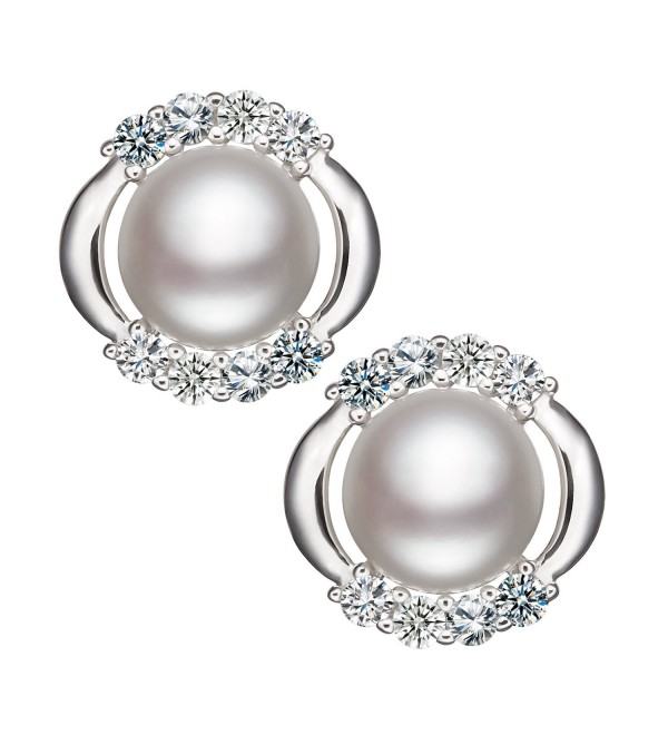 OREOLLE Sterling Silver Round Cubic Zirconia Stud Freshwater Cultured Pearl Earrings - AAA Quality - CF188AGG6L6
