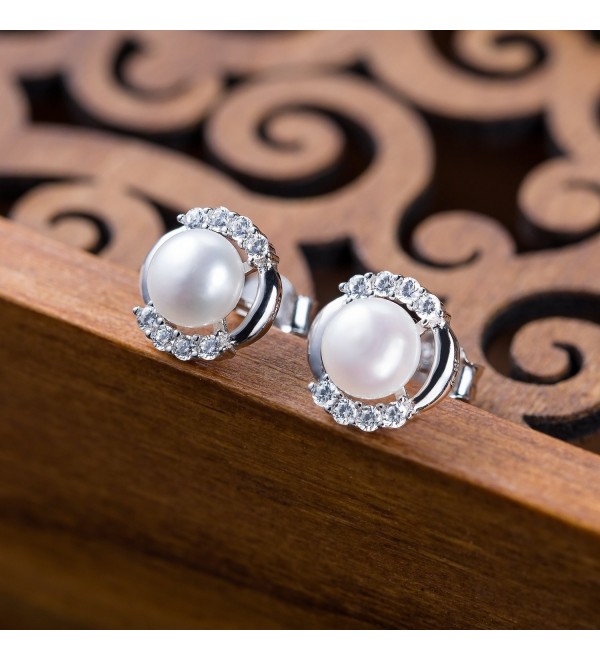 Sterling Silver Round Cubic Zirconia Stud Freshwater Cultured Pearl Earrings - AAA Quality ...