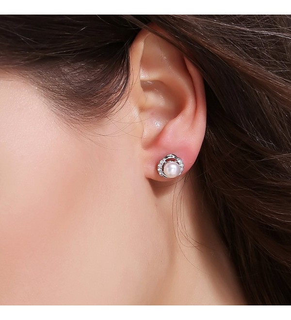 Sterling Silver Round Cubic Zirconia Stud Freshwater Cultured Pearl Earrings - AAA Quality ...