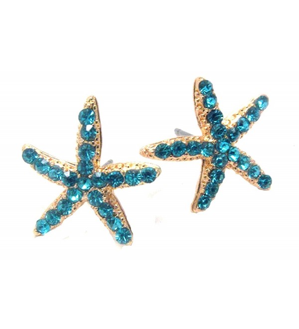 Adorable Sparkling Aqua Ocean Blue Crystal Starfish Stud Earrings Nautical Gold Tone Fashion Jewelry - CL11M9HYRB7