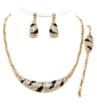 3 Pcs Elegant Luxury Gold Black Crystal Zebra Wild Print Necklace Bracelet Earrings Set - CO12C4LQ477