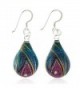 925 Sterling Silver Hand Painted Glass Multi-colored Blue Peacock Feather Teardrop Dangle Earrings - C911WFH1QNX