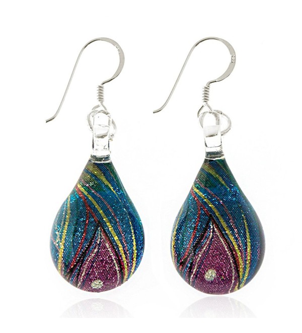 925 Sterling Silver Hand Painted Glass Multi-colored Blue Peacock Feather Teardrop Dangle Earrings - C911WFH1QNX