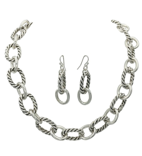 Simple Chunky Rope Twist Chain Statement Boutique Necklace & Earrings Set - Silver Tone - CK1884XCX46