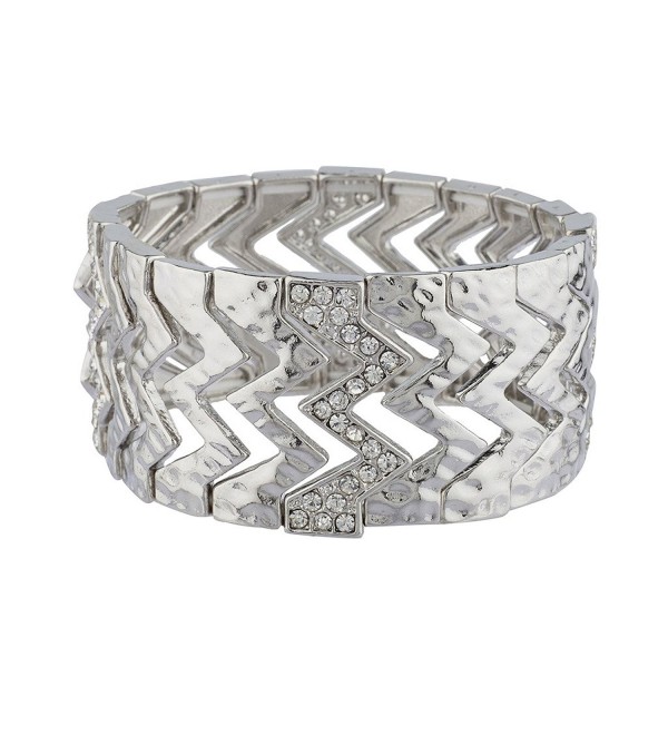 Lux Accessories Hammered Zig Zag Pave Geo Geometric Stretch Bracelet - Silver - CH12HL7HJ19