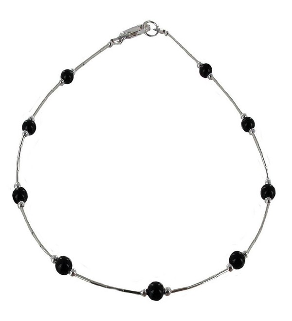 Womens Black Onyx & Sterling Silver Tube Ladies Beaded Gemstone Anklet with Daisies - CL11DUOVJYB