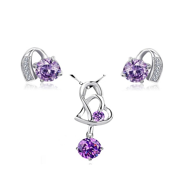 925 Sterling Silver Purple Crystal Pendant Necklace Stud Earrings Set for Women Teen Girls Gift - CR187576O7D