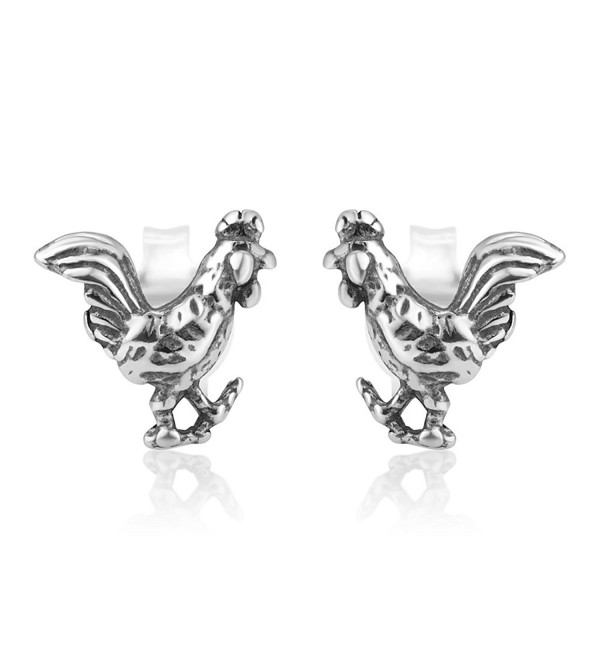 925 Oxidized Sterling Silver Tiny Little Rooster Cock Chinese Zodiac Post Stud Earrings 8 mm - CP12O6YOS2F