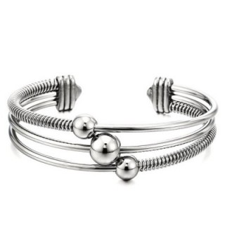 Three-Row Women's Stainless Steel Adjustable Open Cuff Bangle Bracelet with Cable and Ball Charms - CB182SSR5RC