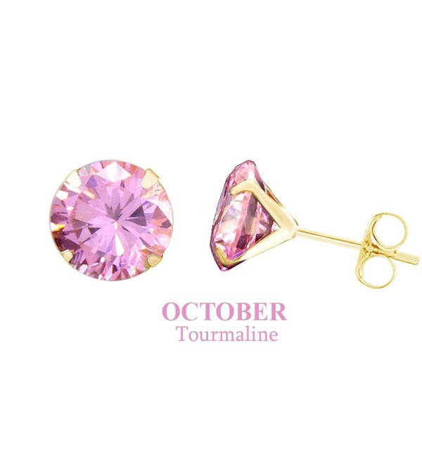 10k Yellow Gold 8mm Round Stud Earrings - Simulated-Pink-Tourmaline - CG12MXKPG63