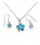 Solid Sterling Silver Rhodium Plated Blue Inlay Simulated Opal Hawaiian Flower Necklace Earrings Set - C411KBMVG4N