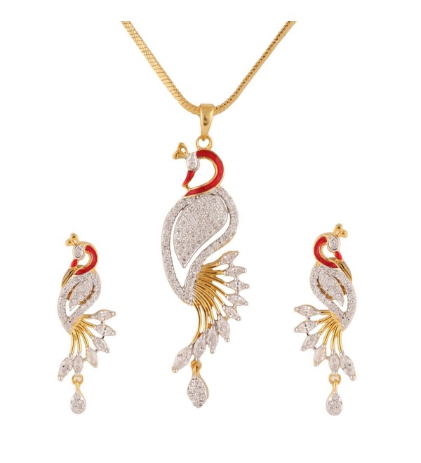 Swasti Jewels Peacock Shaped Zircon CZ Traditional Fashion Jewelry Set Pendant Earrings for Women - CG120FDU6UH