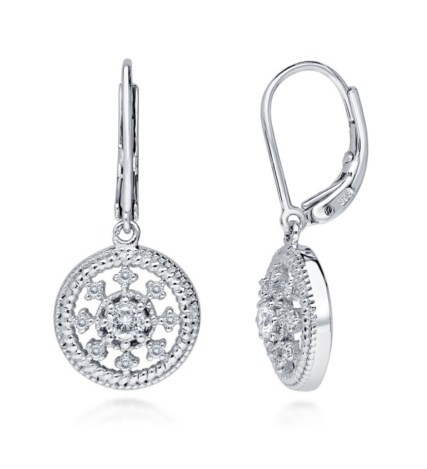 Rhodium Plated Sterling Silver Cubic Zirconia CZ Art Deco Medallion Leverback Dangle Earrings - CI12G0JAI75