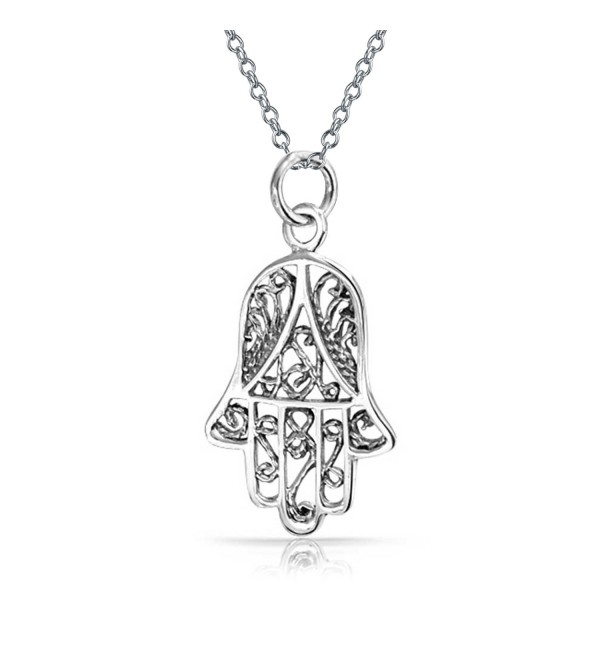 Hand of Fatima Filigree Hamsa Pendant Sterling Silver Necklace 18 Inches - CY1152PYKHJ