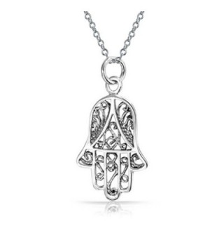 Hand of Fatima Filigree Hamsa Pendant Sterling Silver Necklace 18 Inches - CY1152PYKHJ