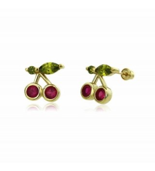 14K Yellow Gold Green & Red CZ Cherry Screw Back Stud Earrings - CZ11X6YA8TV