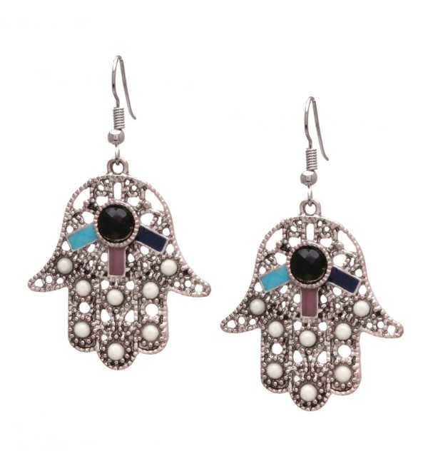 Bleek2sheek Bohemian Hamsa Hand Antiqued Silvertone Dangle Earrings - CC12LNRULBN