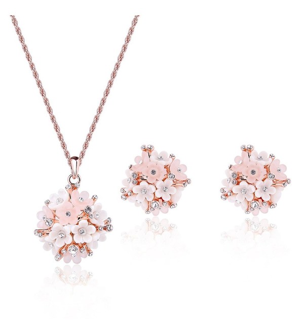 Pokich Rose Gold Plated Pink Flower Necklace Earrings Fashion Jewelry Set for Women Girl - Pink Flower - C617YIL47ZW