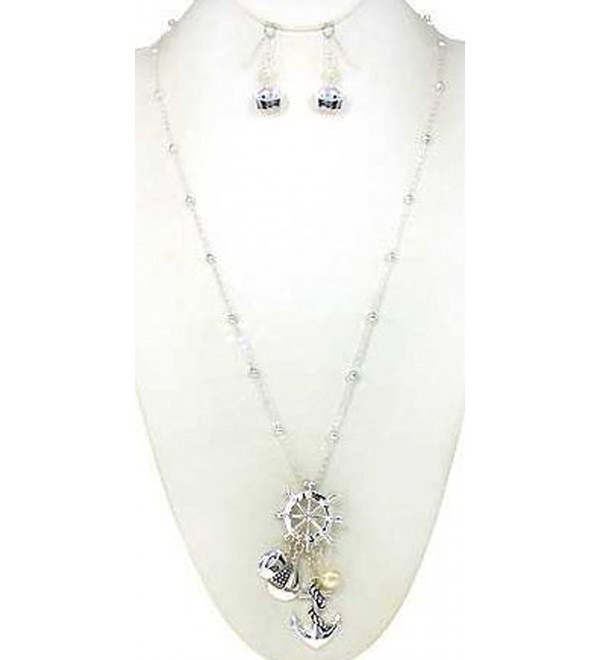 Nautical Anchor Cluster with Imitation Pearl 30" Necklace Set with Sailor cap Earrings - Silver-tone - CG11HNJQMUF