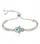 Sterling Silver Hamsa with Eye Bezel Cubic Zirconia Adjustable 8 Inch Bracelet (I-2497) - C811S7GUTQB