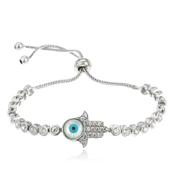 Sterling Silver Hamsa with Eye Bezel Cubic Zirconia Adjustable 8 Inch Bracelet (I-2497) - C811S7GUTQB