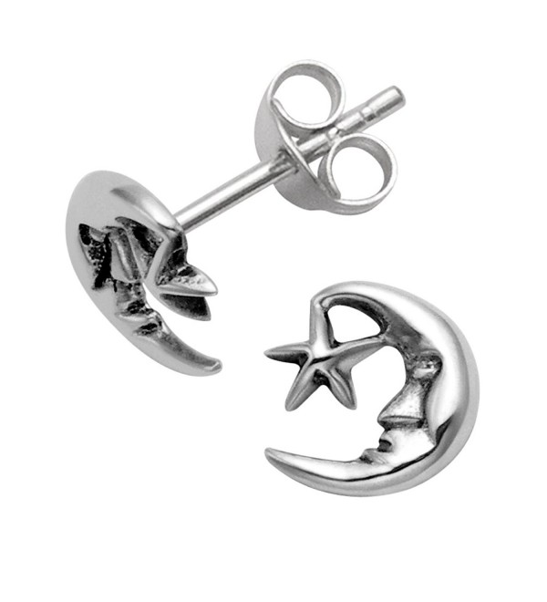 Small Sterling Silver Crescent Moon & Star Stud Earrings - CC120UV7WBP