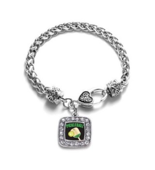 Pickleball Classic Braided Classic Silver Plated Square Crystal Charm Bracelet - CQ11XMTWFWJ