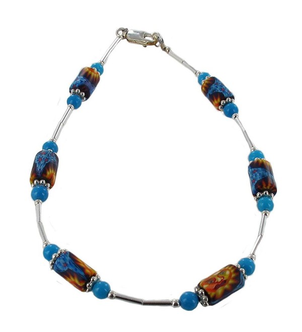 Womens Blue & Yellow Sun Fimo- Turquoise Dolomite & Sterling Silver Beaded Anklet with Daisies - CU11CPAHT6H