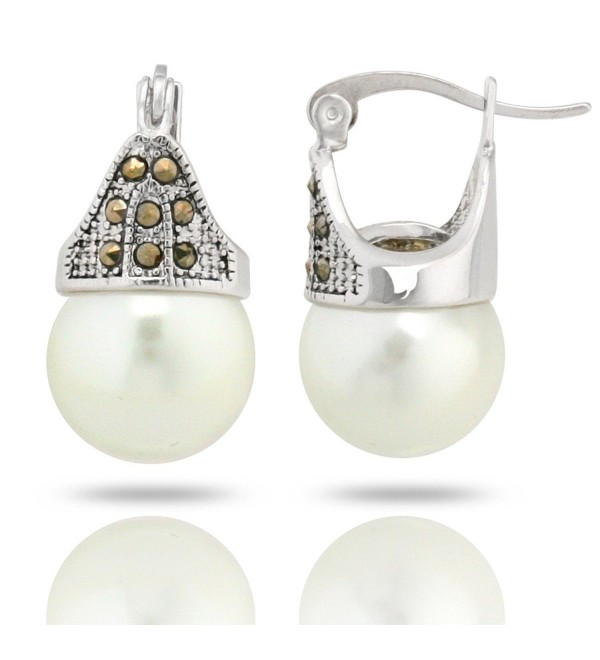 JanKuo Jewelry Rhodium Plated White Simulated Pearl Marcasite Earrings - CH1195I1TPZ