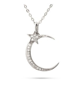 Sterling Silver CZs Moon and Star Pendant Necklace- 16" with 2" Extender - CQ11BDWJGQ5