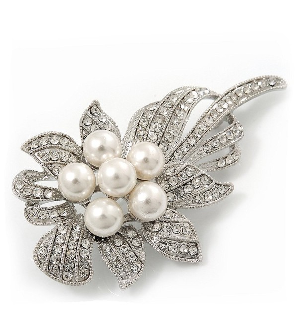 Bridal Swarovski Crystal Synthetic Pearl Floral Brooch In Rhodium Plating - 7cm Length - CL11C3CO6Z5