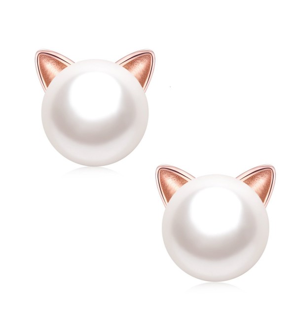 EVERU Women's 925 Sterling Silver Cute Cat Stud Earrings with AAA Freshwater Pearls - Rose Gold - CB184DEEMKK