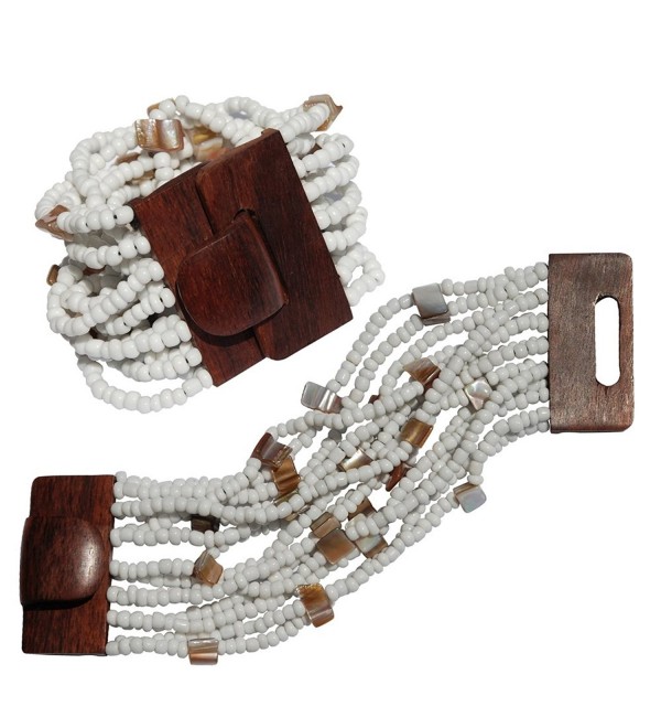 White Beaded Bali Bracelet With Hard Wood Buckle Clasp - 14 Elastic Strands - 2" Wide with Shells - CF11FOU3FXR