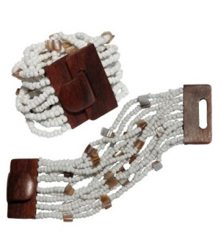White Beaded Bali Bracelet With Hard Wood Buckle Clasp - 14 Elastic Strands - 2" Wide with Shells - CF11FOU3FXR