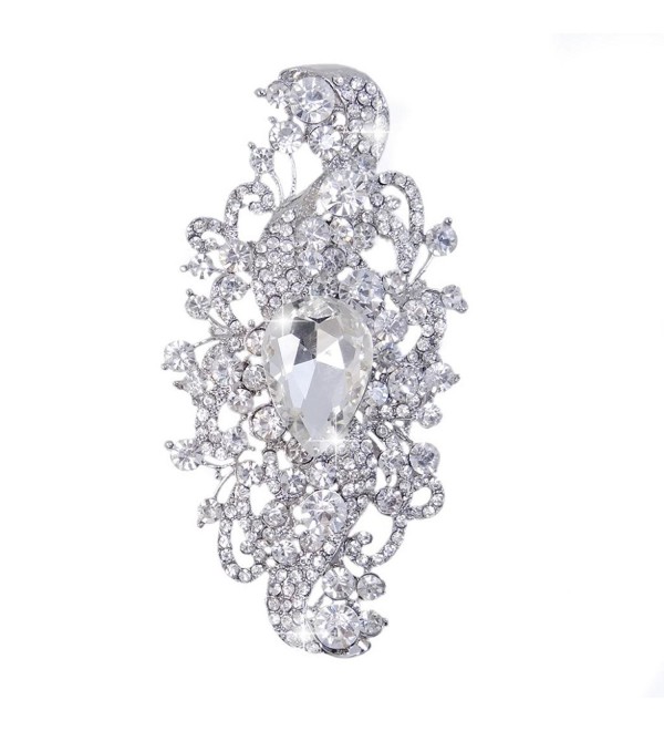 EVER FAITH Women's Rhinestone Crystal Wedding Bridal Floral Leaf Teardrop Brooch Clear Silver-Tone - CQ11IOM2939