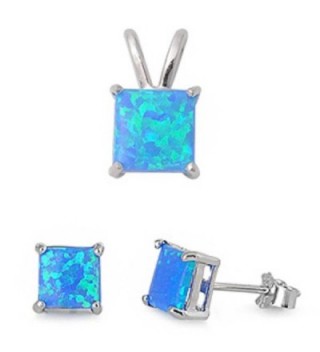 Princess Cut Lab Created Blue Opal Pendant & Earring .925 Sterling Silver Set - CM11CYSJEMD