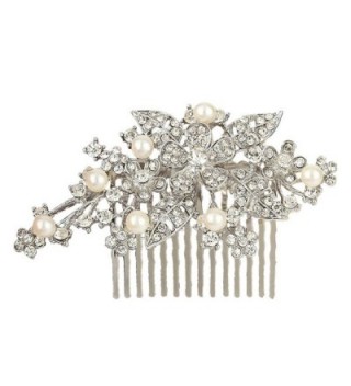 EVER FAITH Bridal Orchid Leaf Simulated Pearl Hair Comb Clear Austrian Crystal - Silver-Tone - CB11F8Q7B4L