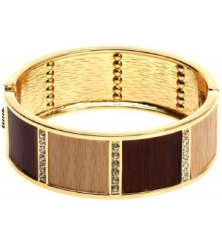 Lova Jewelry Brown Wood Texture Crystal Gold Tone Hinge Metal Bangle Bracelet - CW12O3TNAIT