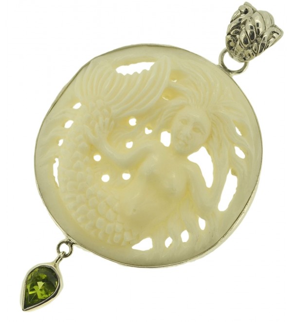 Carved Mermaid Peridot Sterling Silver 925 Pendant - CH11BS0OSH9