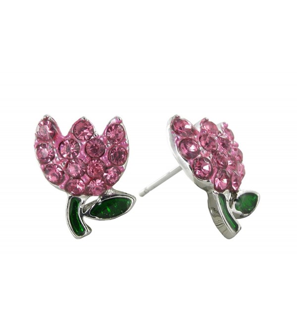 Spring's Mini Tulip Crystal Rhinestone Stud Earrings in Rose Pink for Easter - CI11CU8PV65