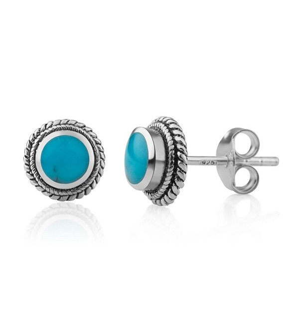 925 Sterling Silver Bali Inspired Tiny Gemstone Braided Round 9 mm Post Stud Earrings - Blue Turquoise - C717XXL73SL