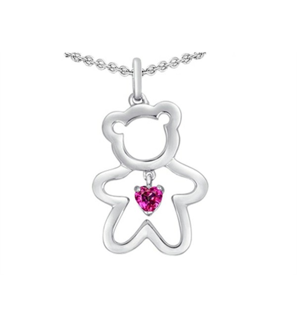 Star K Sterling Silver Love Teddy Bear Pendant with 4mm Heart Shape Stone - Created Pink Sapphire - C211EPMJR6J