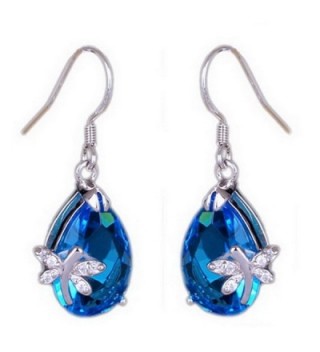 Bigood Pretty Blue Water Drop Crystal Dragonfly Silver Plated Stud Dangle Earings Eardrop - CA125E22035