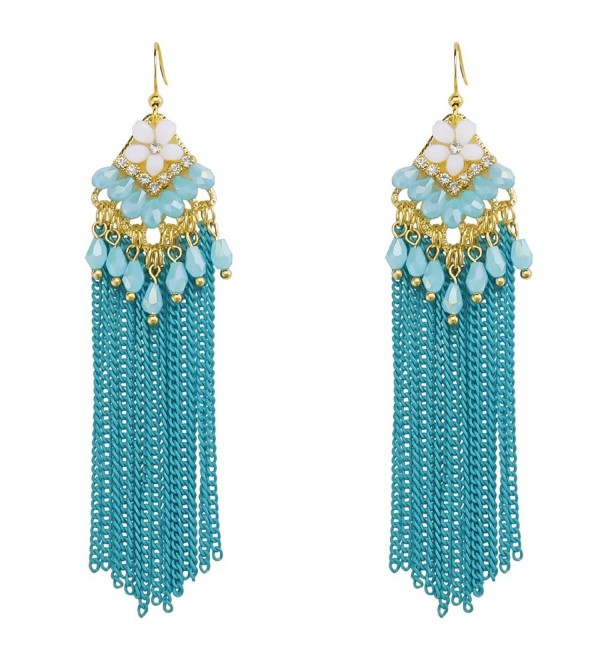 Handmade Tribal Chandelier Beaded Flower Dangle Earrings Bohemia Long Tassel Crystal Women's Jewlery - Blue - C318390K38N