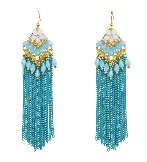 Handmade Tribal Chandelier Beaded Flower Dangle Earrings Bohemia Long Tassel Crystal Women's Jewlery - Blue - C318390K38N