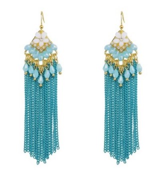 Handmade Tribal Chandelier Beaded Flower Dangle Earrings Bohemia Long Tassel Crystal Women's Jewlery - Blue - C318390K38N