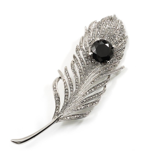 Large Swarovski Crystal Peacock Feather Silver Tone Brooch (Clear & Black) - 11.5cm Length - CW115QX636D